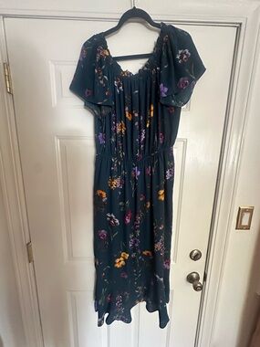 Women’s Dark Teal Floral Midi Dress - Elastic Waist